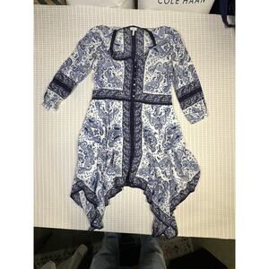 Joie Silk Blue White Paisley Midi Dress Boho Luxe Handkerchief Hem Resort Sz. S